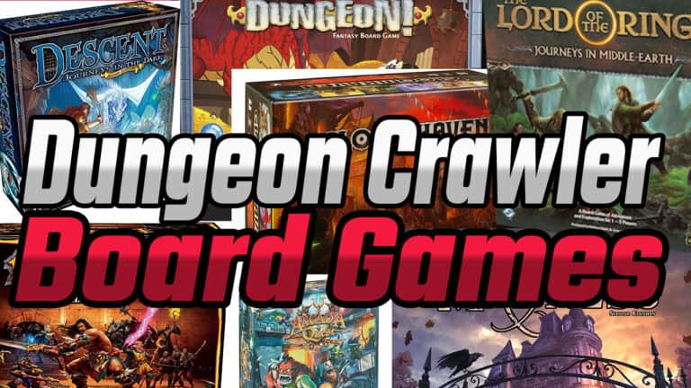 A vibrant collage of top dungeon crawler board games, featuring hits like Descent and The Lord of the Rings, with bold text proclaiming "Best Dungeon Crawler Board Games 2024.