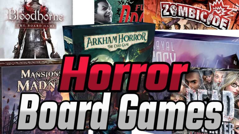 Collage of the best horror board games for 2024, featuring titles like Bloodborne, Arkham Horror, Zombicide, and Mansion of Madness. The text "Horror Board Games" is prominently displayed in red and white.