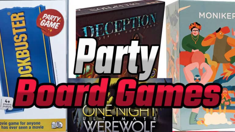 A collage of party board games, featuring Blockbuster, Deception: Murder in Hong Kong, One Night Ultimate Werewolf, and Monikers, showcases the best board games for 2024. Bold text in the center reads "Party Board Games.