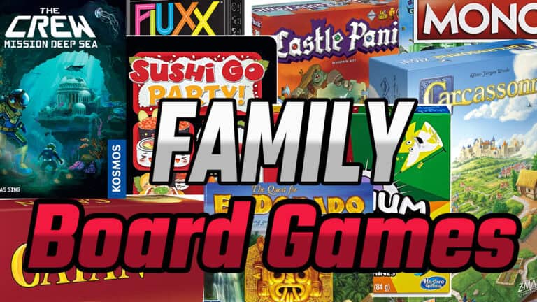A collage of best board games, featuring "The Crew," "Sushi Go Party," "Carcassonne," and the classic "Monopoly." The bold text reads, "Best Family Board Games 2024.