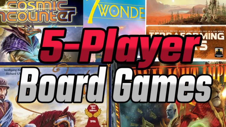 A collage of board game covers showcases "Best 5-Player Board Games 2024" in bold red and white letters. Various game titles and artwork peek through in the background, inviting players to explore the ultimate gaming experience for larger groups.