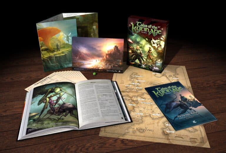 A TTRPG set, featuring a box, rulebooks, and a map of the Western Kingdoms from Tales of the Kytin Age. Illustrated cards depict Great Insects and knights on horseback. A 20-sided die rests on the table, inviting you to explore this fantastical realm.
